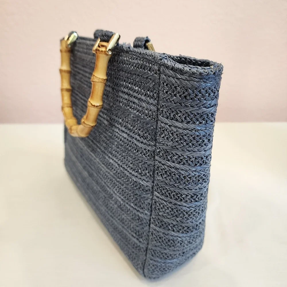 Haute Hippie Women's Straw Raffia Bag Purse With Gold Tone Chain Retro Ladylike